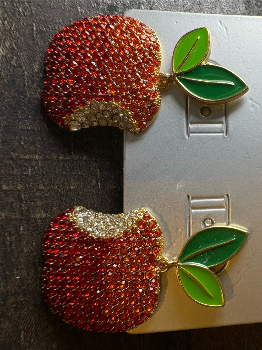 Red Crystal Apple Drop Earrings with Green Enamel Leaves